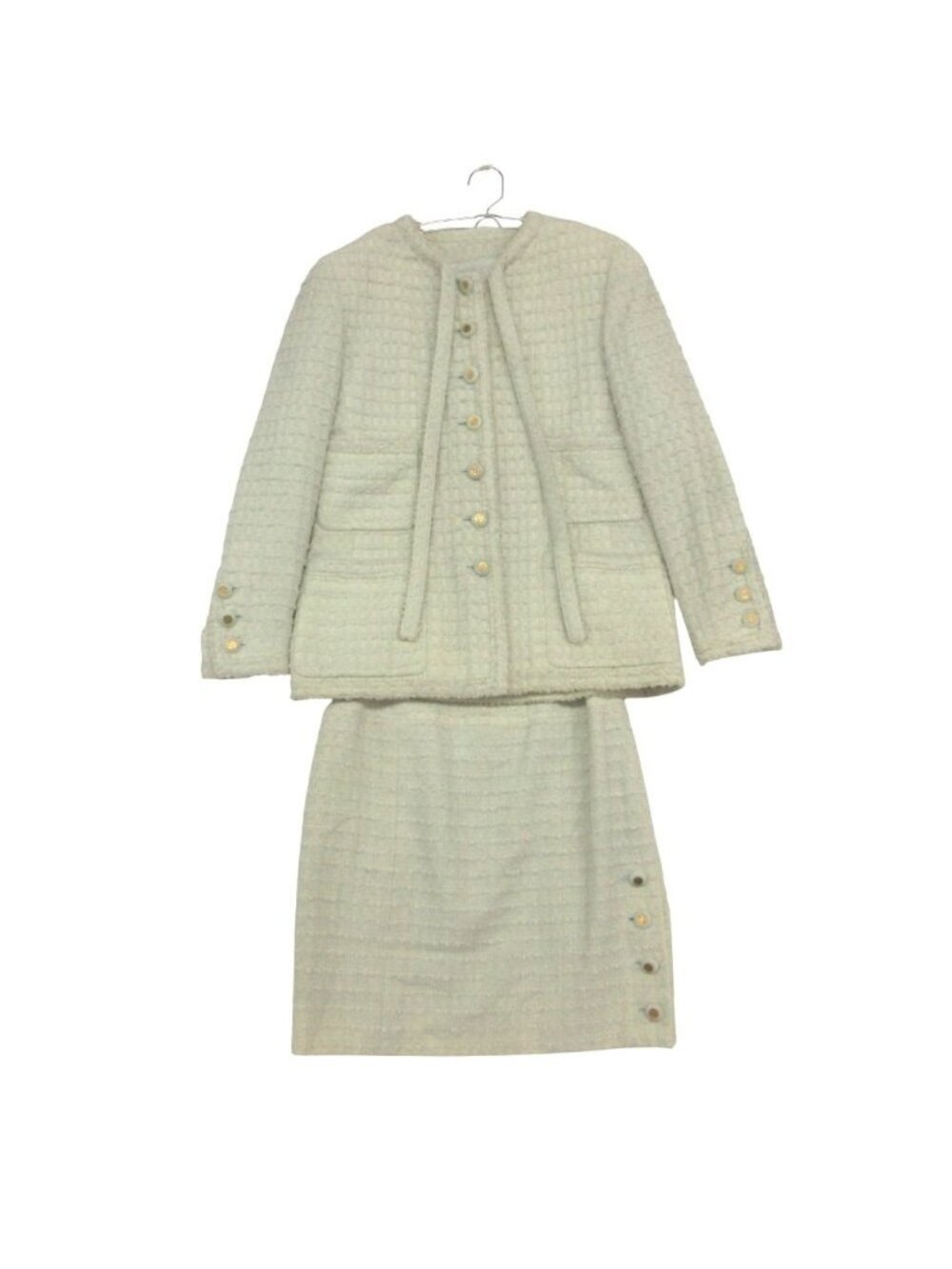 Chanel Set Vintage Tweed Suit with Ribbon CC Logo Button Jacket Skirt Green